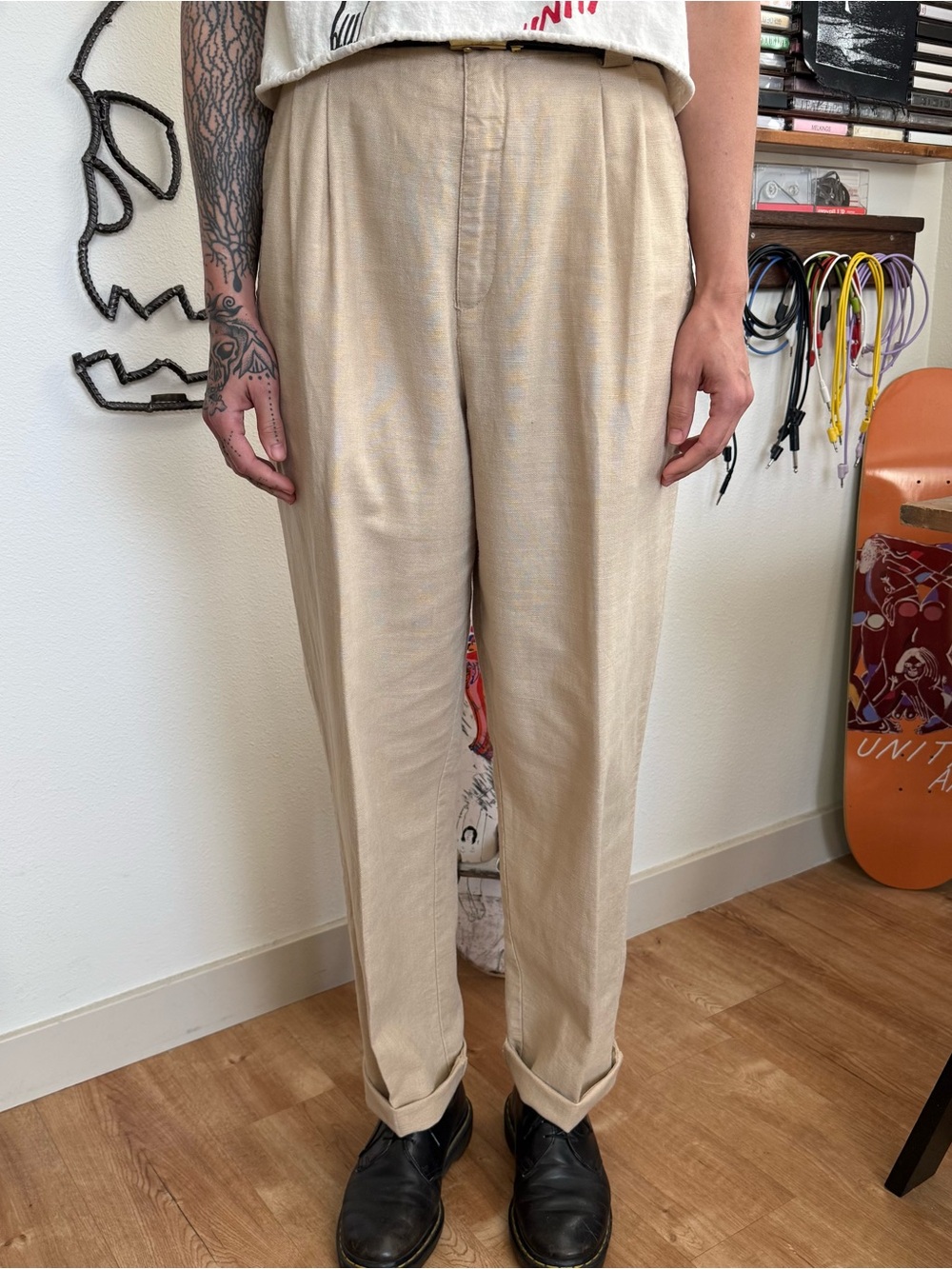 Vintage 90s Beige Linen Blend High Waisted Pleated Trousers ~ Size 14 / 32 x 30